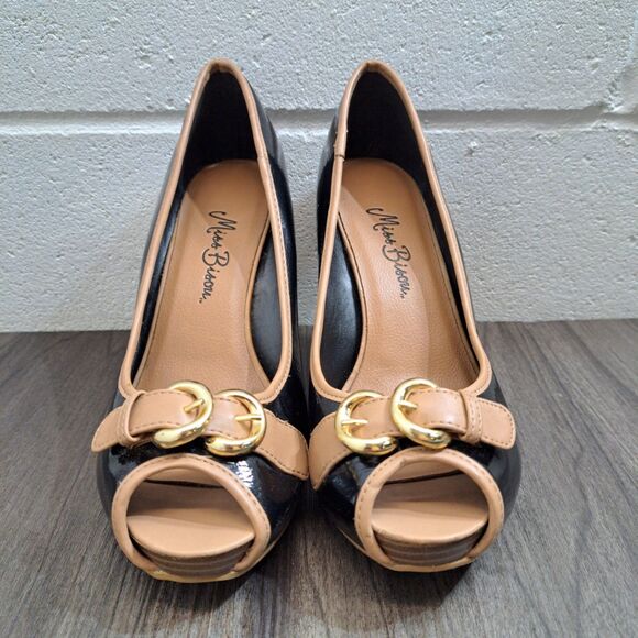 Miss Bisou High Heels Black, Gold Buckle Open Toe Casual Heels Women's Sz 6.5M - Picture 1 of 8